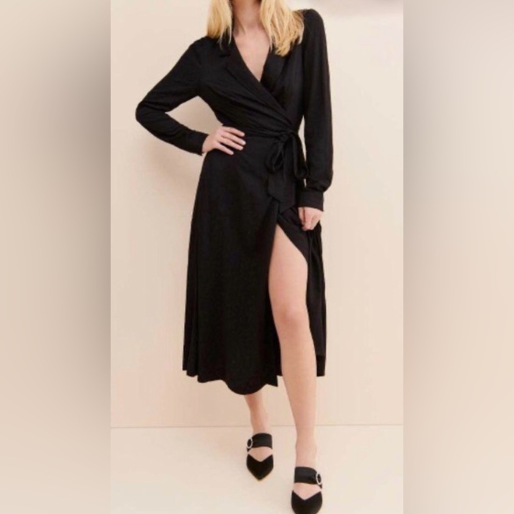 AFRM Black Monochrome Leopard Print True Wrap Long Sleeve Midi Dress Size XS